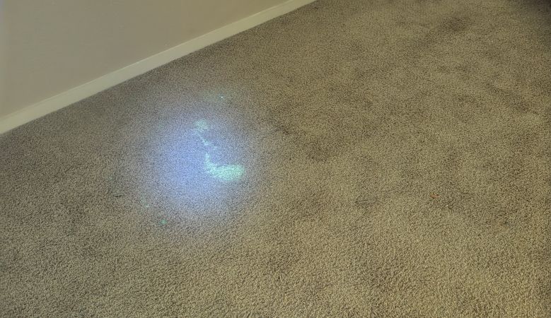 Dog urine glowing under a UV black light on a carpet