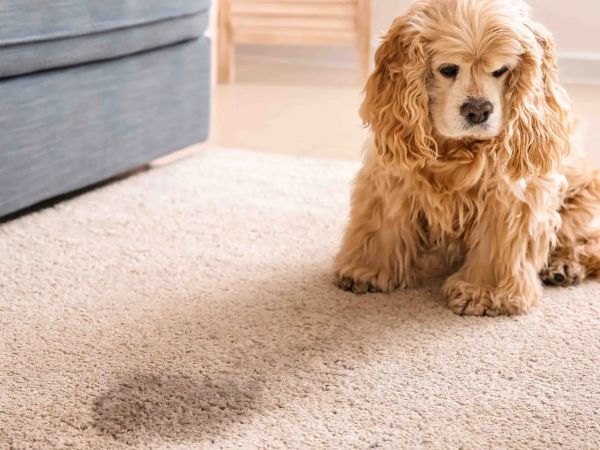Dog sitting next to a fresh pet urine stain on a carpet